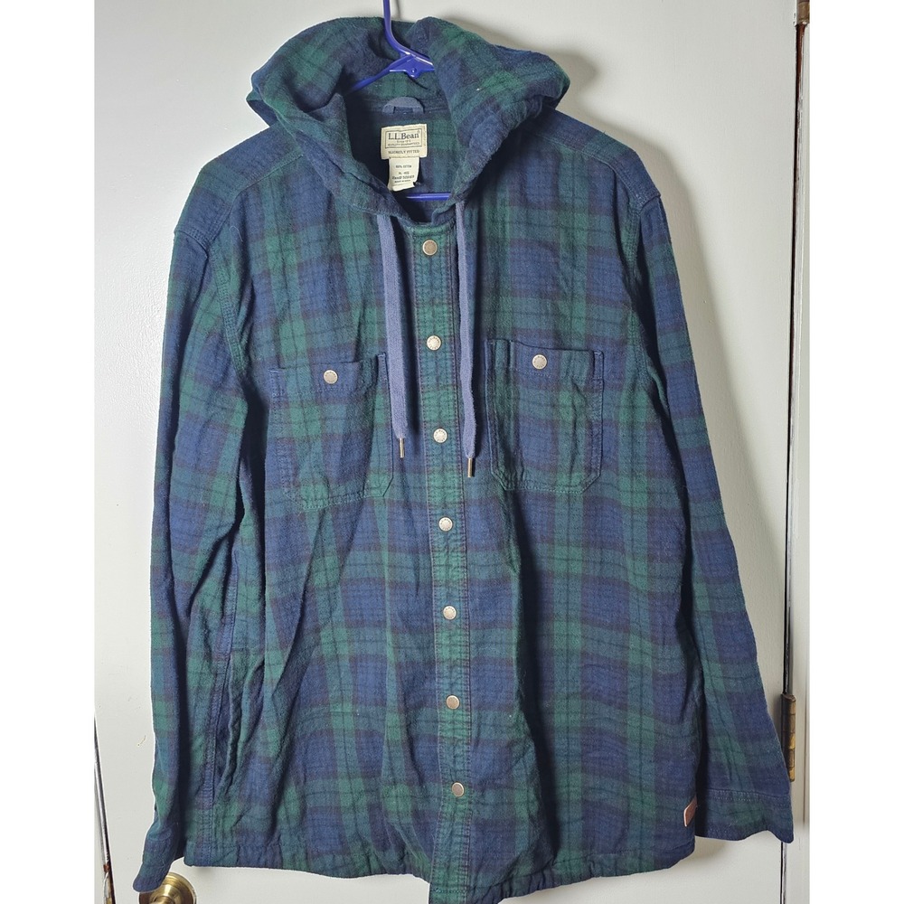 LL Bean Mens Sz XL Plaid Hooded Flannel Shirt Jacket Green Blue Snap Front